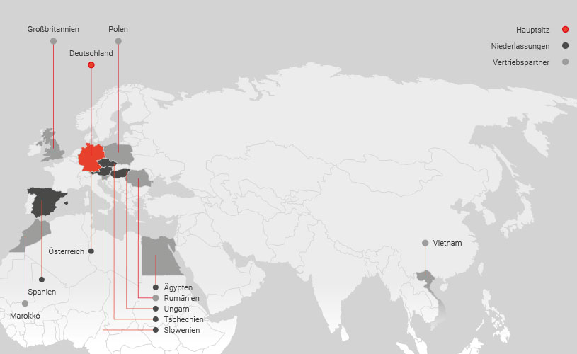 3D-Karte von Europa mit roten Pins für Niederlassungen und schwarzen Pins für Service-Stützpunkte, die die europaweite Präsenz von EFFEKTA darstellen.