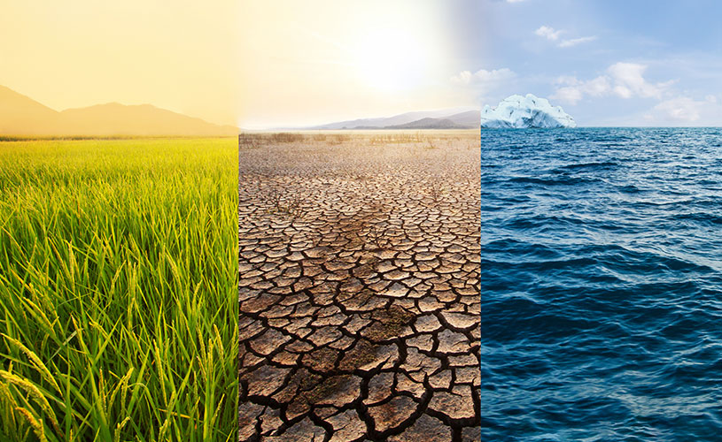 Landwirtschaftliche Felder und ein ausgetrockneter See symbolisieren extreme Umweltbedingungen, wie Temperaturanstieg und Klimawandel, die USV-Anlagen herausfordern.