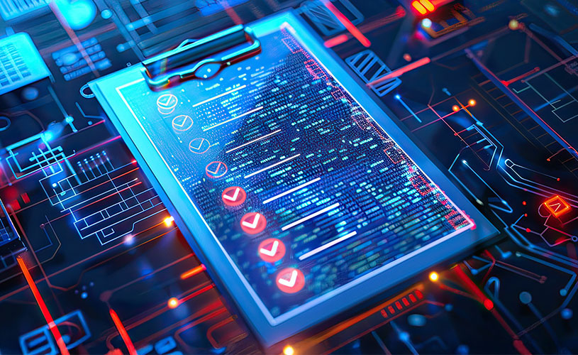 Checkliste für Cybersicherheits-Audits, die digitale Schaltkreise auf potenzielle Sicherheitslücken überprüft.
