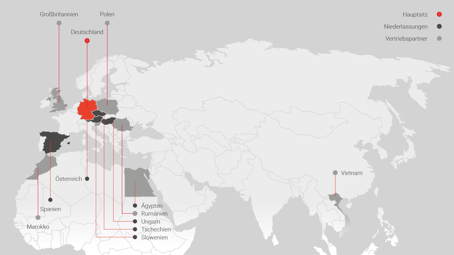 3D-Karte von Europa mit roten Pins, die die EFFEKTA-Niederlassungen und schwarzen Pins, die die Service-Stützpunkte markieren, darstellen.