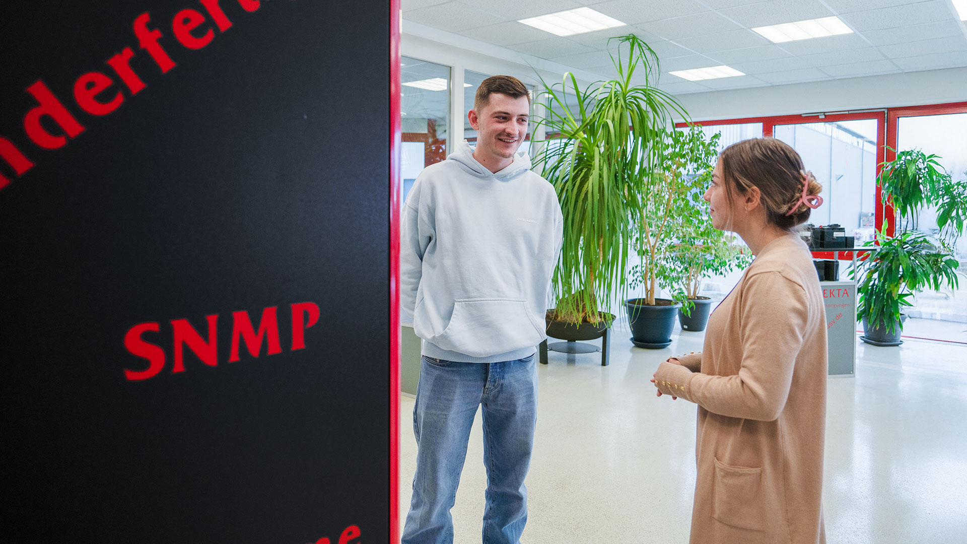 Zwei EFFEKTA-Mitarbeiter, eine junge Frau und ein junger Mann, unterhalten sich im Büro.